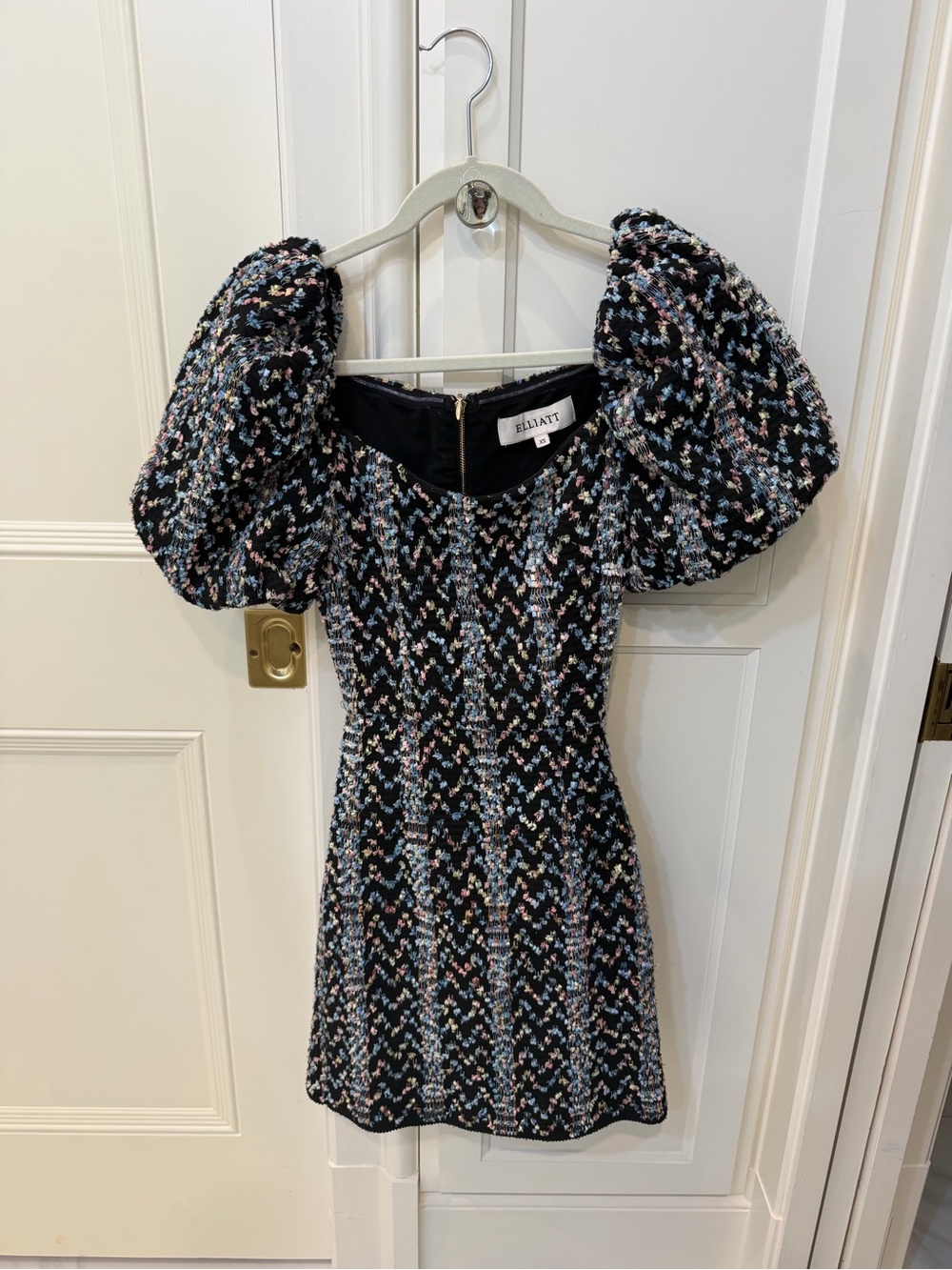 Elliatt Black Tweed Mini Dress with Blue and Pink Accents